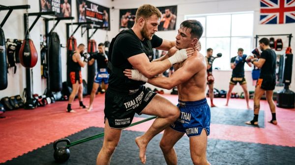 How can UK Muay Thai athletes enhance their clinch work through strength training?
